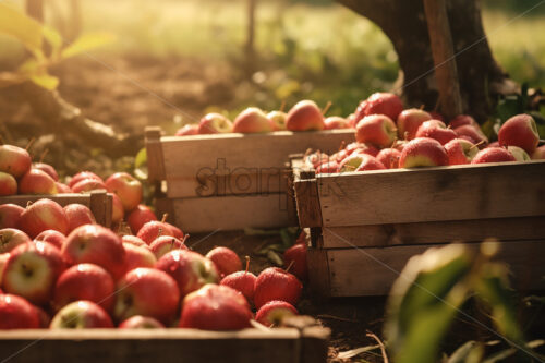 A few baskets of fresh apples in an orchard - Starpik Stock