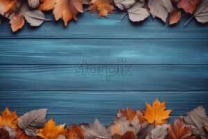 A frame of dry leaves formed on a blue wooden table - Starpik Stock