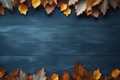 A frame of dry leaves formed on a blue wooden table - Starpik Stock