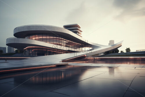 A futuristic building on the background of a city of the future - Starpik Stock