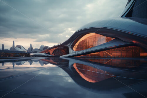 A futuristic building on the background of a city of the future - Starpik Stock