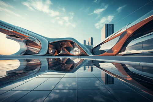 A futuristic building on the background of a city of the future - Starpik Stock