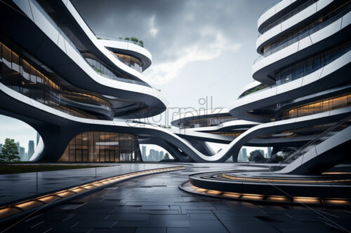 A futuristic building on the background of a city of the future - Starpik Stock