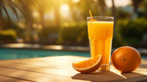 A glass of orange juice on the background of a swimming pool - Starpik Stock