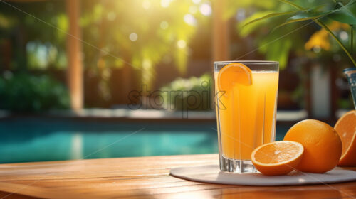 A glass of orange juice on the background of a swimming pool - Starpik Stock
