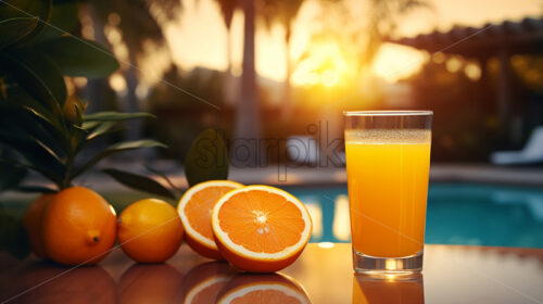 A glass of orange juice on the background of a swimming pool - Starpik Stock