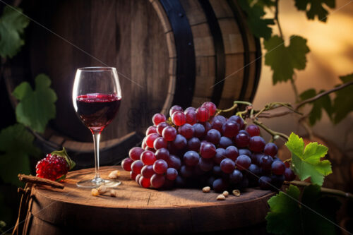 A glass of wine and grapes on a wooden barrels fresh - Starpik