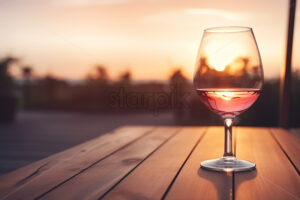 A glass of wine on a wooden table at a terrace - Starpik Stock