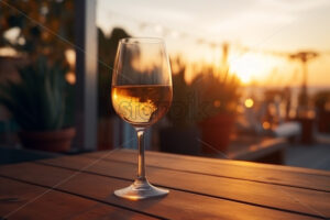 A glass of wine on a wooden table at a terrace - Starpik Stock