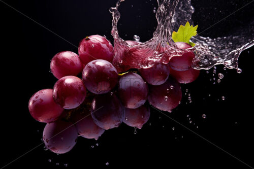 A grape on a black background with splashes of water - Starpik Stock