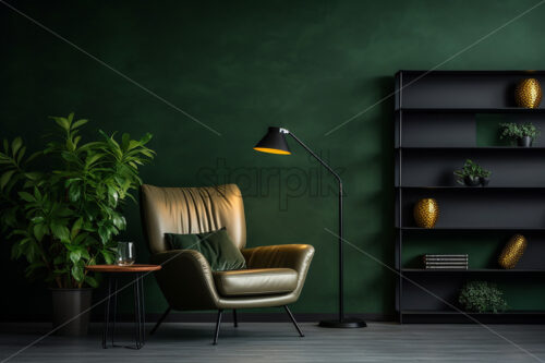 A green armchair with a dark green wall in the background - Starpik Stock