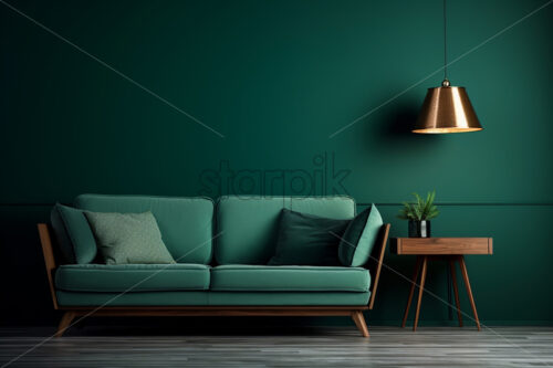 A green armchair with a dark green wall in the background - Starpik Stock