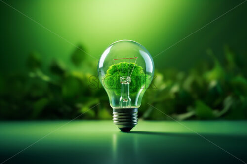 A green lamp and leaves on the background that symbolize green energy - Starpik Stock