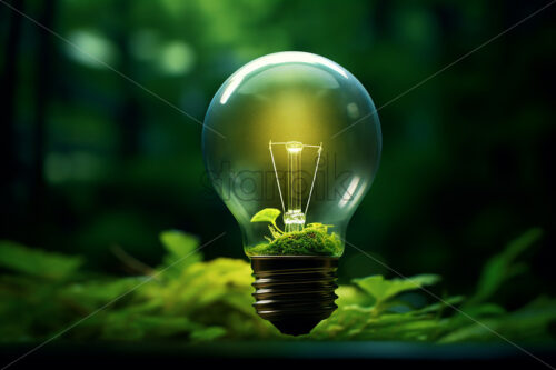 A green lamp and leaves on the background that symbolize green energy - Starpik Stock