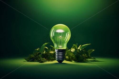 A green lamp and leaves on the background that symbolize green energy - Starpik Stock