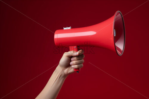 A hand holds a red megaphone on a red background - Starpik Stock