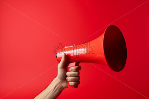 A hand holds a red megaphone on a red background - Starpik Stock