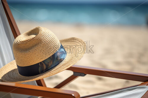 A hat sits on a chair on the beach of a resort - Starpik Stock
