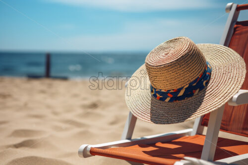 A hat sits on a chair on the beach of a resort - Starpik Stock