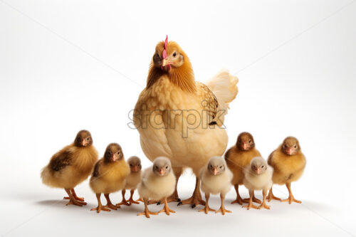 A hen with chicks on a white background - Starpik Stock