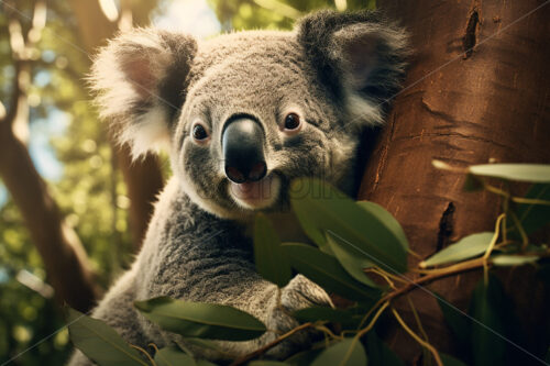 A koala bear eating eucalyptus on a tree - Starpik Stock
