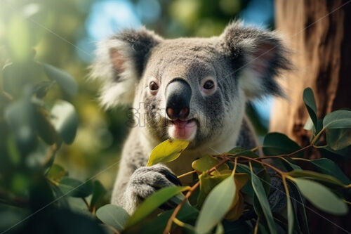 A koala bear eating eucalyptus on a tree - Starpik Stock