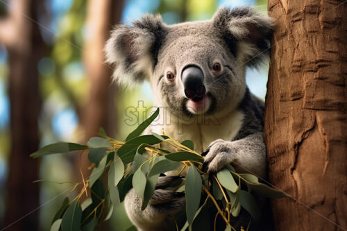 A koala bear eating eucalyptus on a tree - Starpik Stock