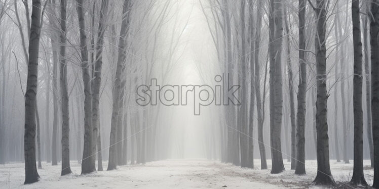 A landscape of a forest in winter with fog in the background - Starpik Stock