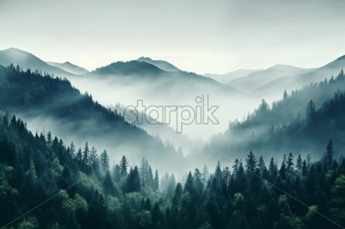 A landscape of forested mountains, full of fog - Starpik Stock
