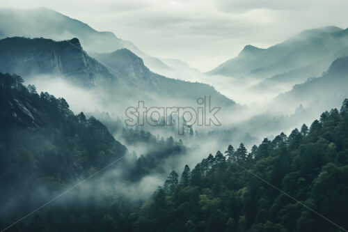 A landscape of forested mountains, full of fog - Starpik Stock