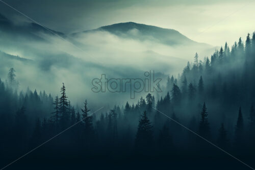 A landscape of forested mountains, full of fog - Starpik Stock