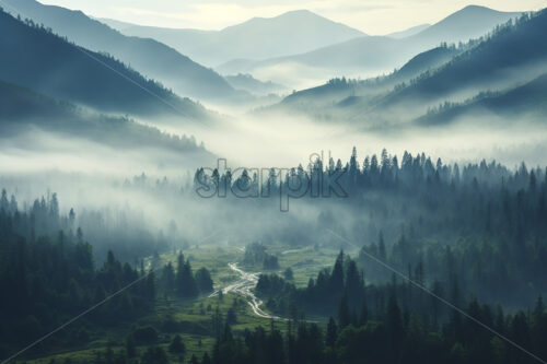 A landscape of forested mountains, full of fog - Starpik Stock