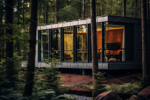 A modern house in a forest on the bank of a river - Starpik Stock