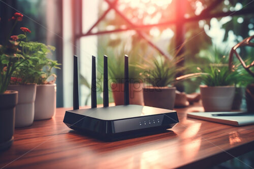 A modern wi-fi modem on an office table - Starpik Stock