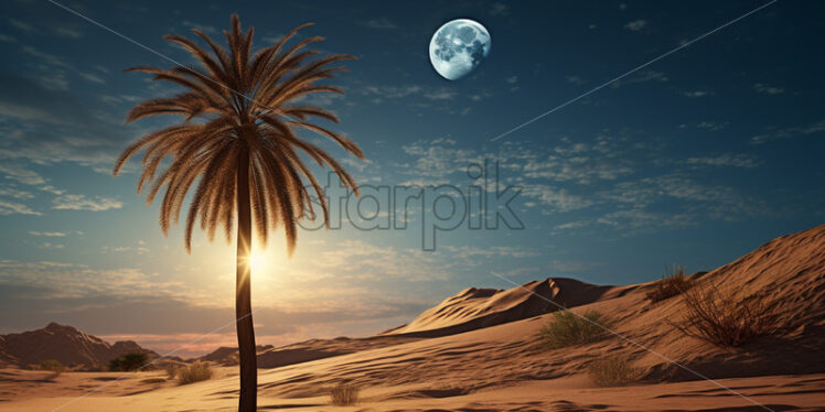 A palm tree in the desert with the moon in the background - Starpik Stock