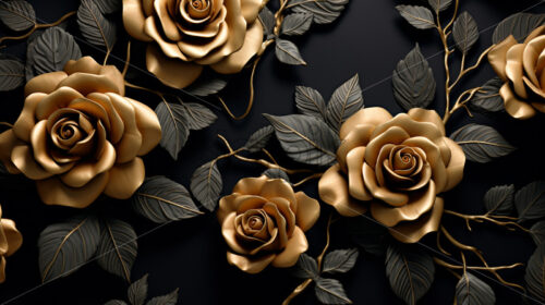 A pattern of golden roses on a black background