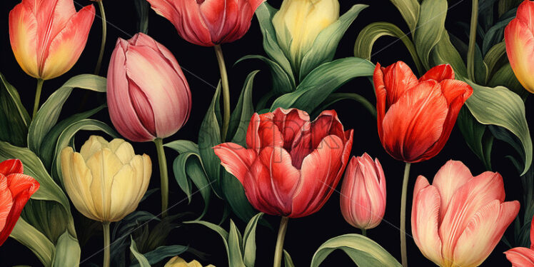 A pattern of tulips on a black background,  watercolor - Starpik Stock