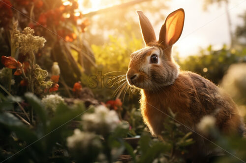 A rabbit sits in the grass in a clearing - Starpik Stock