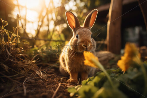 A rabbit sits in the grass in a clearing - Starpik Stock