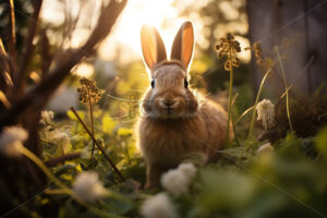 A rabbit sits in the grass in a clearing - Starpik Stock