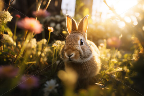 A rabbit sits in the grass in a clearing - Starpik Stock