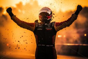 A race driver who won and raises his hands - Starpik Stock