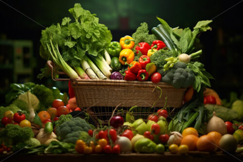 A shopping cart full with groceries dark background - Starpik