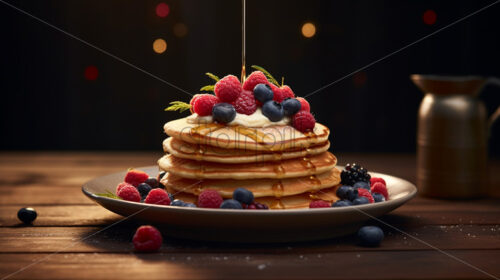 A stack of pancakes with fresh raspberries and blueberries - Starpik Stock