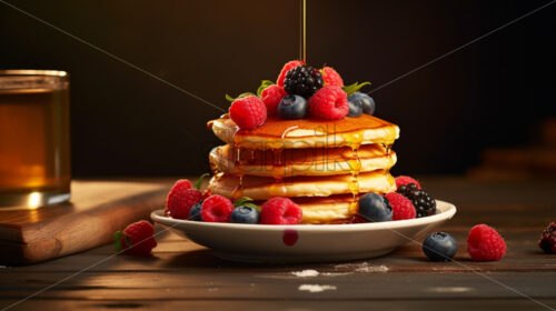 A stack of pancakes with fresh raspberries and blueberries - Starpik Stock