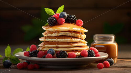 A stack of pancakes with fresh raspberries and blueberries - Starpik Stock