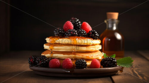 A stack of pancakes with fresh raspberries and blueberries - Starpik Stock