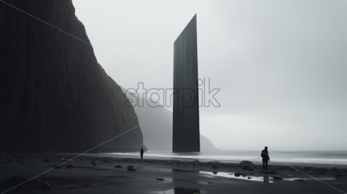 A stone monolith on a beach that reaches towards the sky - Starpik Stock
