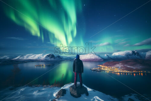 A tourist standing on the shore of a fjord admiring the northern lights - Starpik Stock