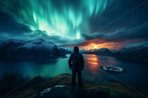 A tourist standing on the shore of a fjord admiring the northern lights - Starpik Stock